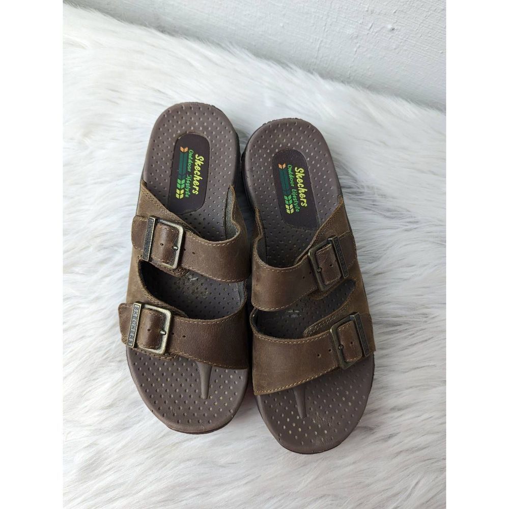 Skechers Reggae Jammin Womens Size US 7 Brown Leather Buckle Slide Sandals 46795 - Picture 2 of 5